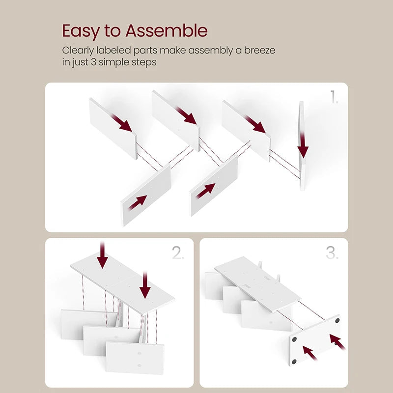 Step-by-step assembly guide for a product with labeled parts on a beige background.