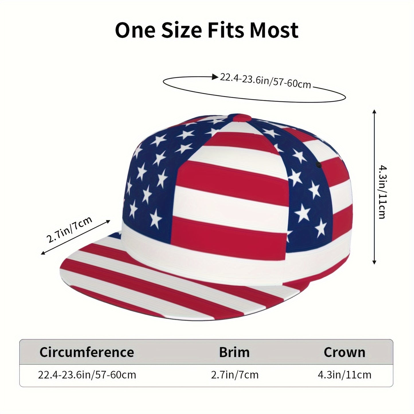 American flag cap with size chart on a white background