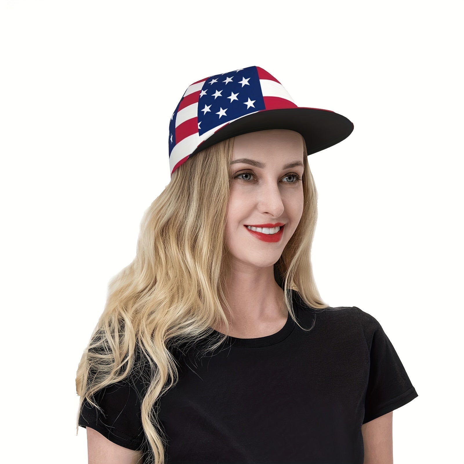Woman wearing an American flag cap on a white background