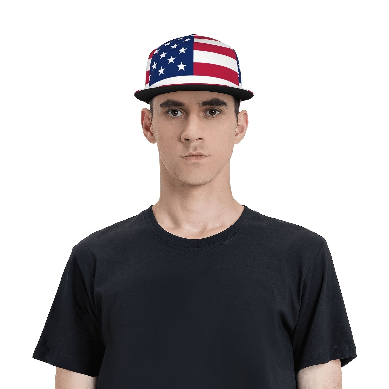 Man wearing an American flag cap on a white background