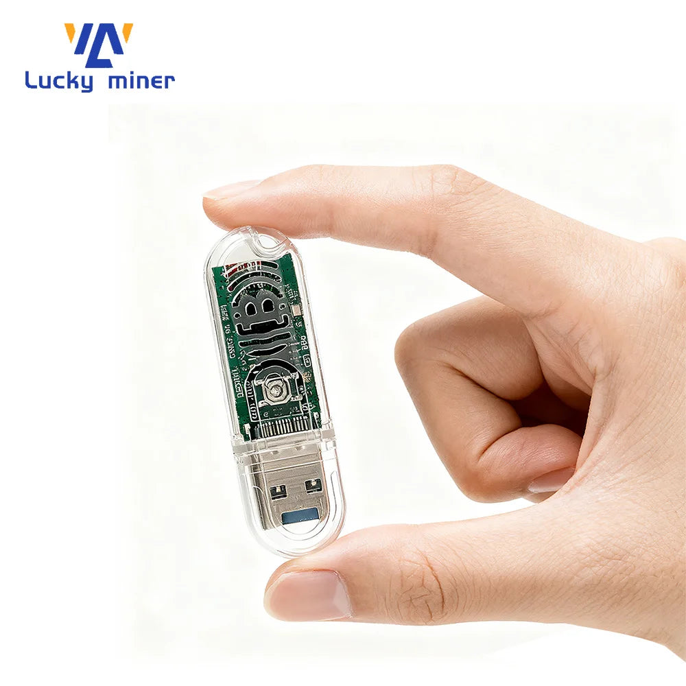 Front view of the Lucky Miner LV03 USB Bitcoin Solo Lottery Miner.