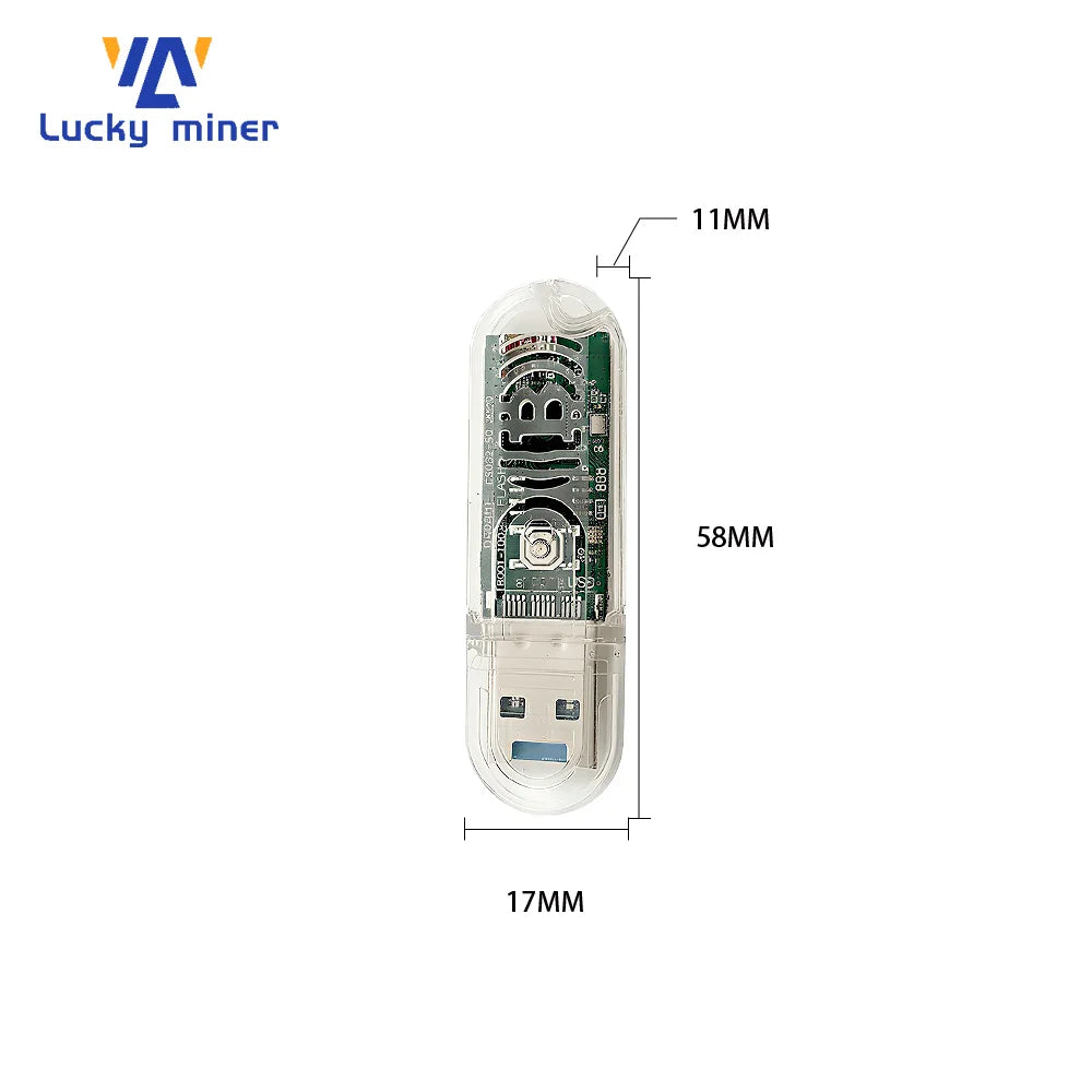 Dimension view of the Lucky Miner LV03 USB Bitcoin Solo Lottery Miner.