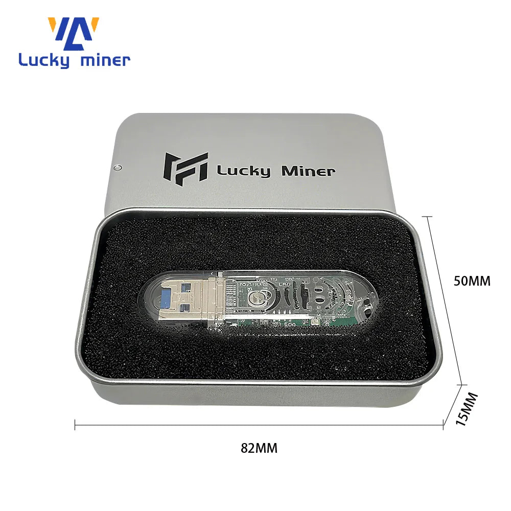 In box view of the Lucky Miner LV03 USB Bitcoin Solo Lottery Miner.