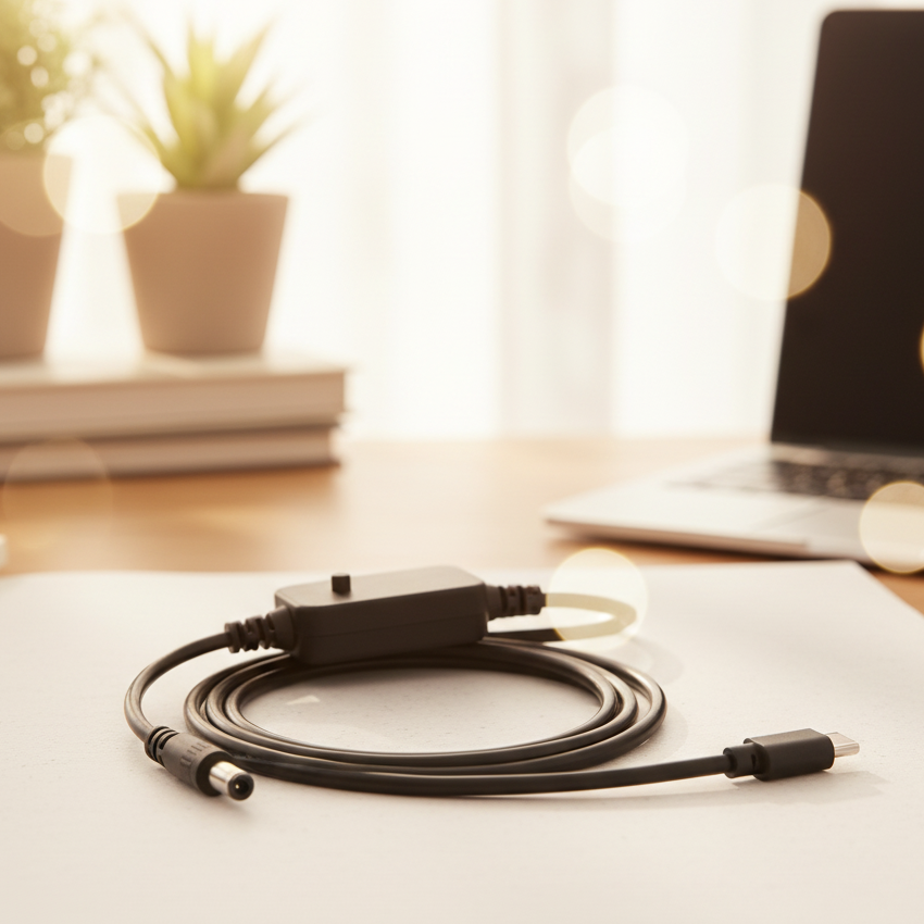 Computer cable on a desk with a laptop and plants in the background