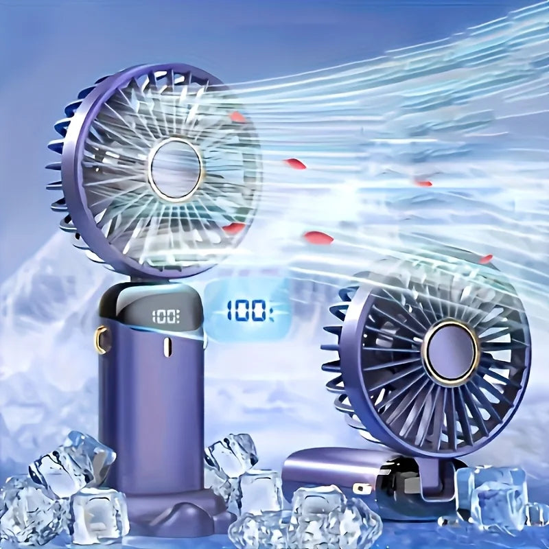 Handheld fan with digital display on a blue background with ice cubes and cool circulated air.