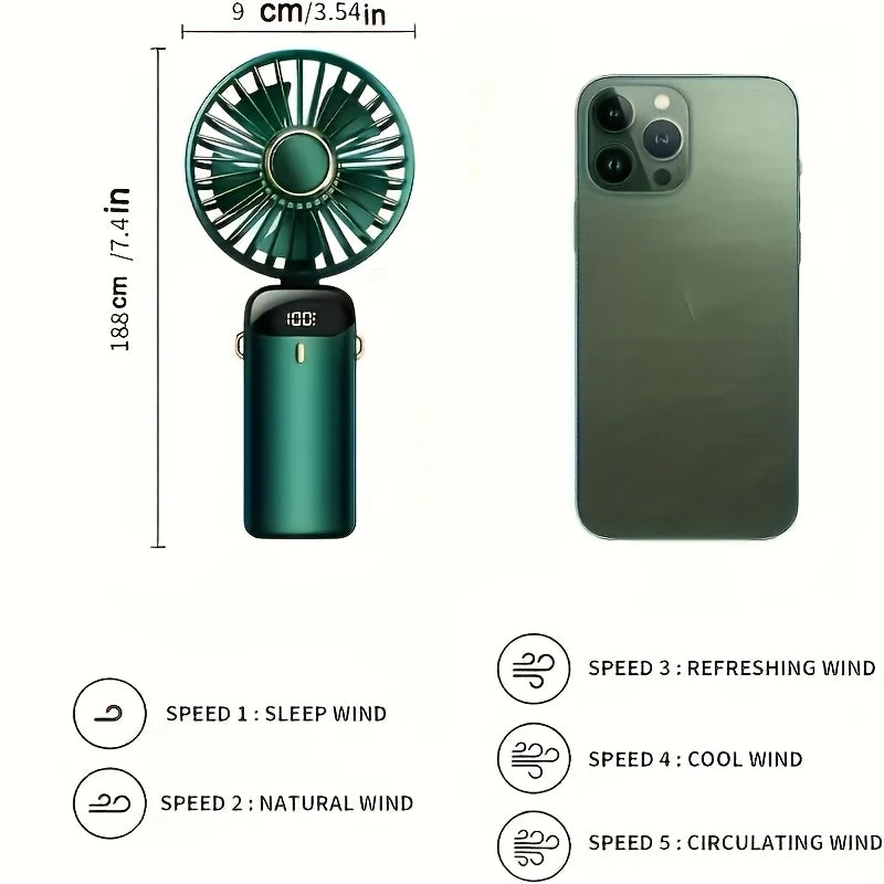 Green handheld fan with dimensions, features and speed options displayed next to a smartphone, showcasing compatibility.