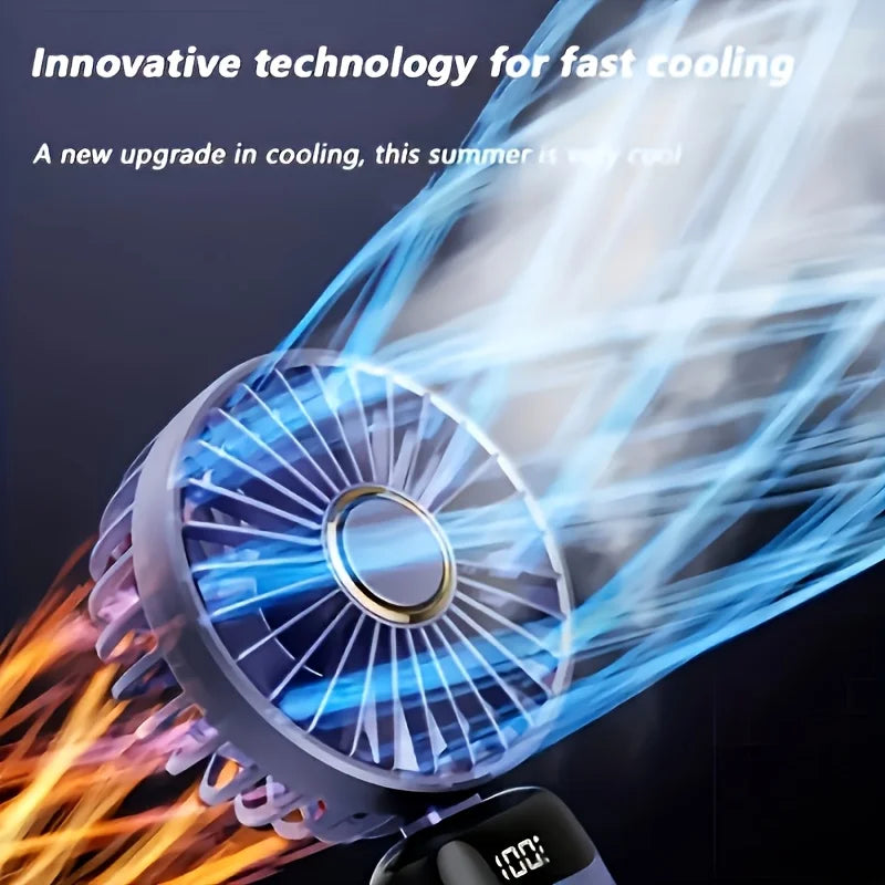 Portable fan with cooling effect and text about innovative technology for fast cooling
