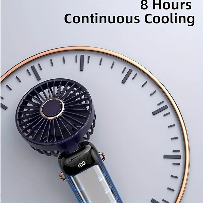Handheld fan on a clock face with '8 Hours Continuous Cooling' text highlighting battery charge lifetime length.