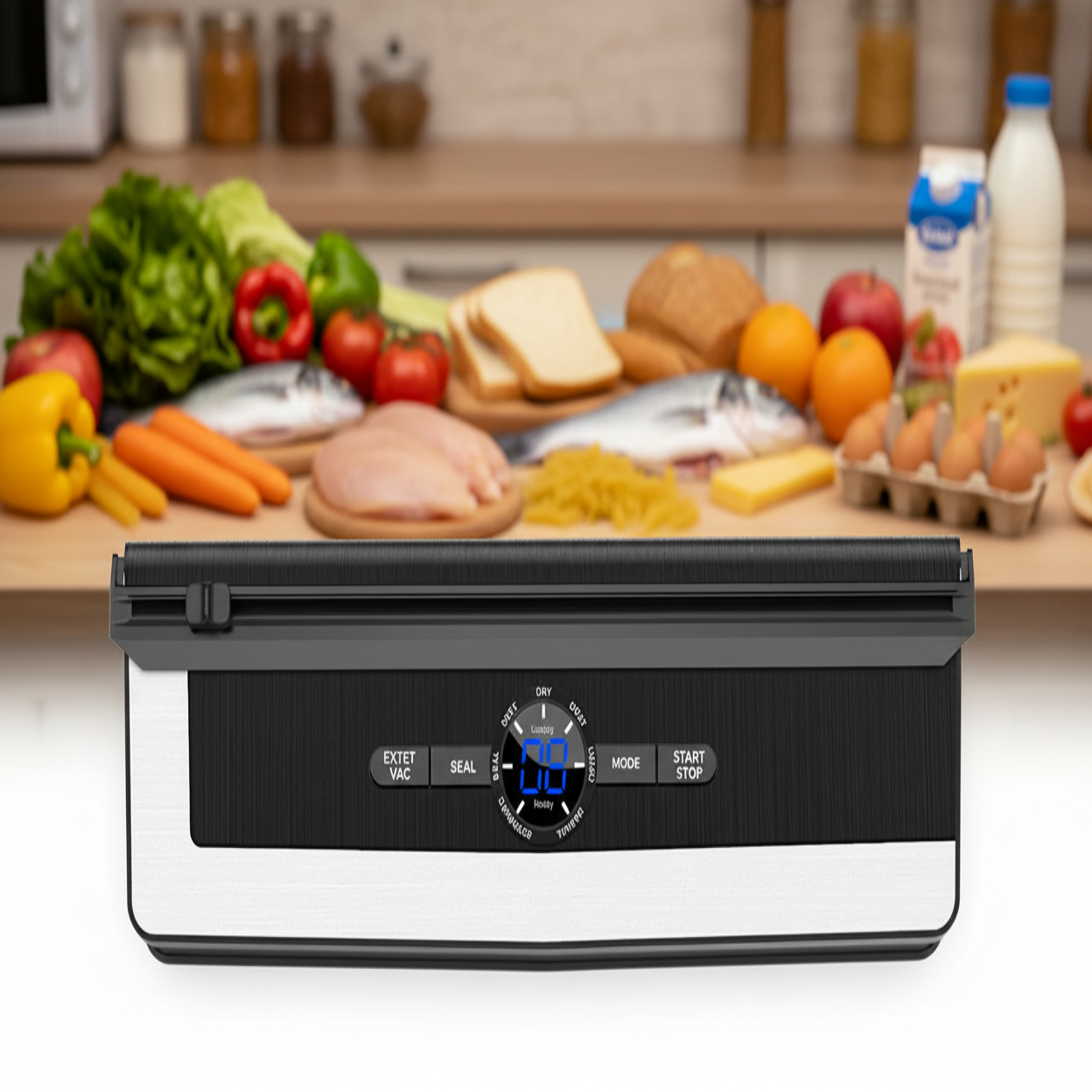 Vacuum sealer on a kitchen counter with fresh produce in the background