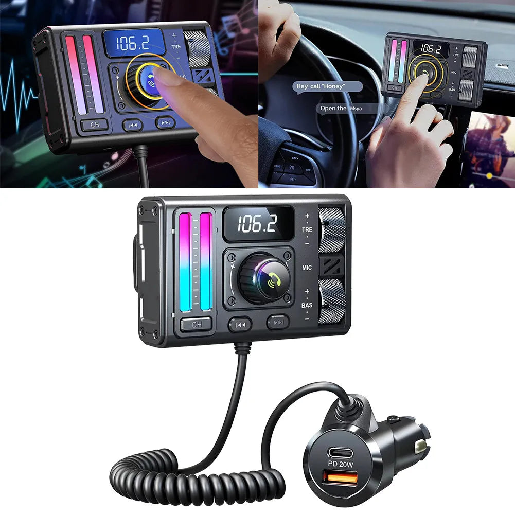Car audio control panel with digital display and buttons, shown in a car interior setting.