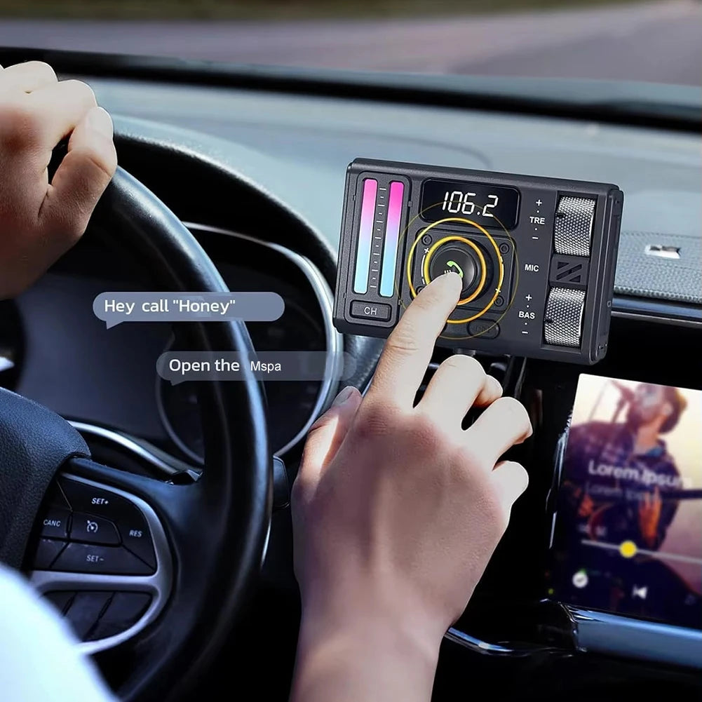 Car dashboard with a digital display and voice control interface.