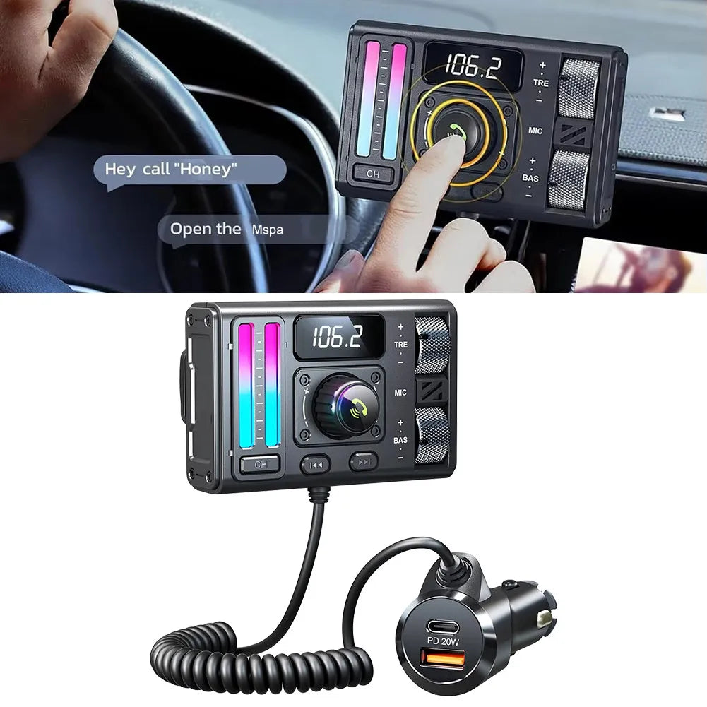 Car audio equalizer with digital display and USB charger in a car interior setting