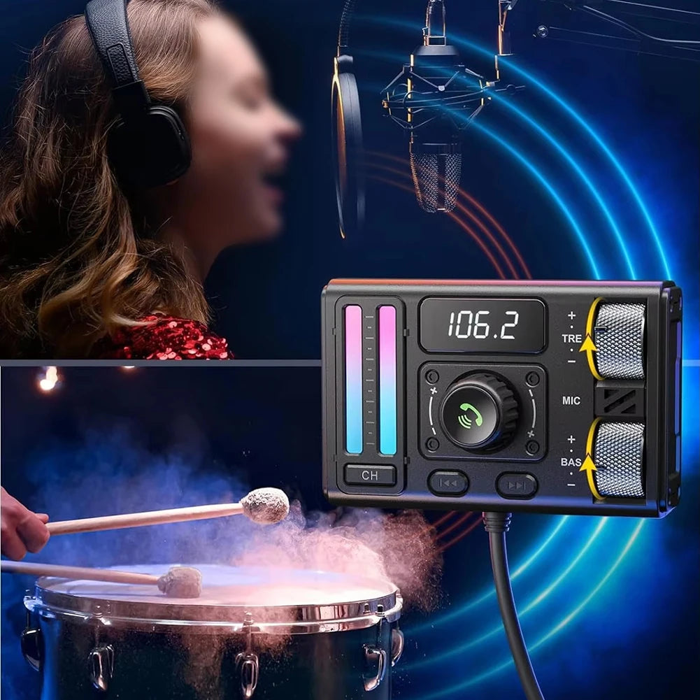 Audio mixer with microphone and speakers, person singing and playing drums, blue and black theme