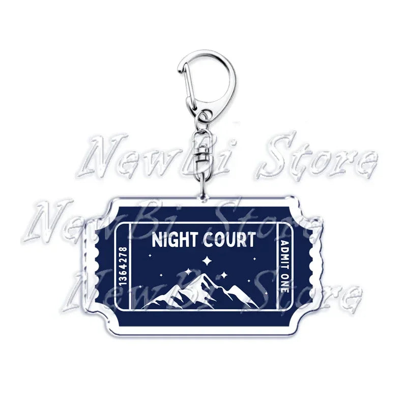Keychain with 'Night Court' ticket design on a white background