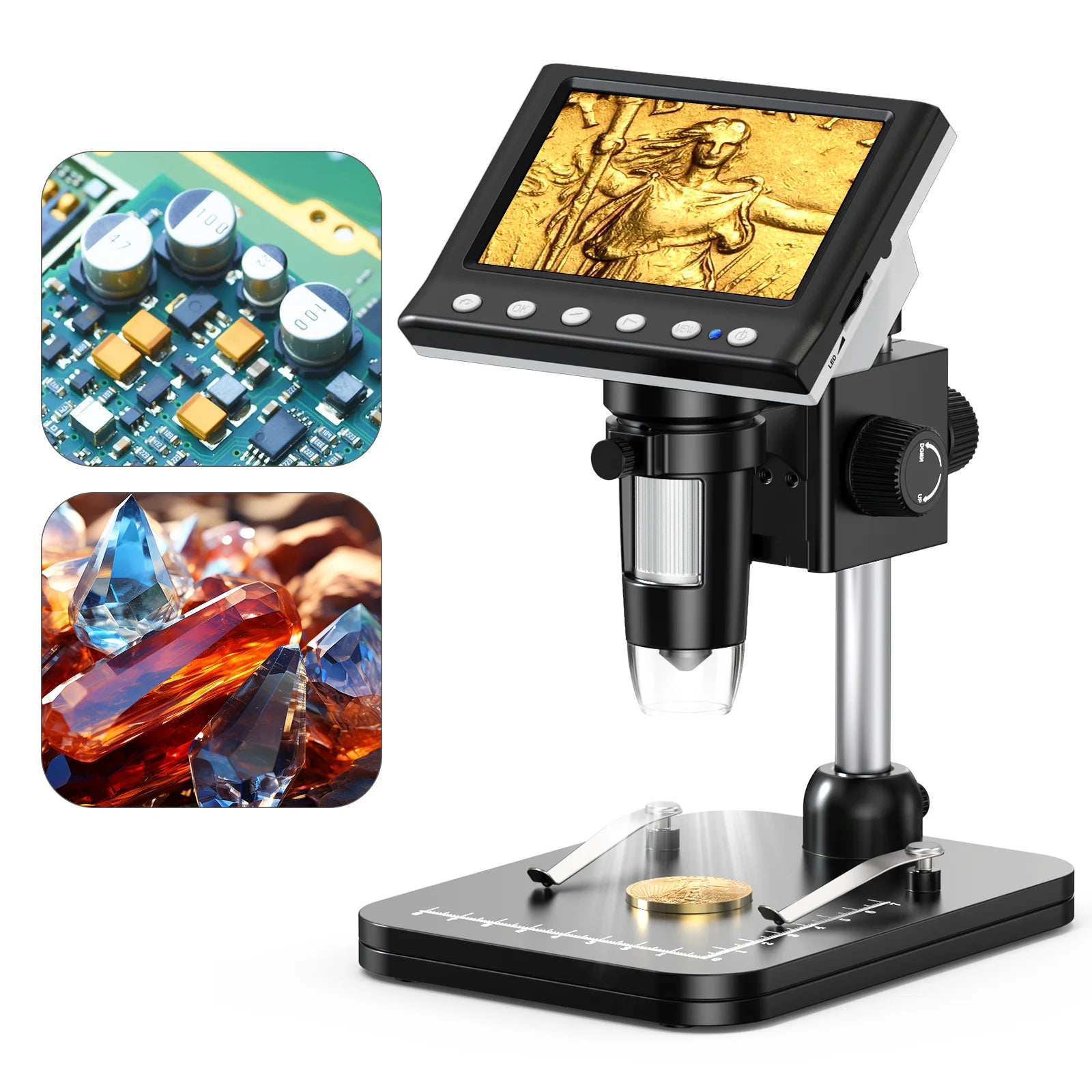 Digital microscope with screen displaying magnified images of a circuit board and crystals.