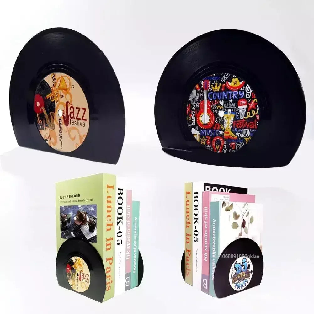 Vinyl record bookends with decorative labels and matching bookends on a white background