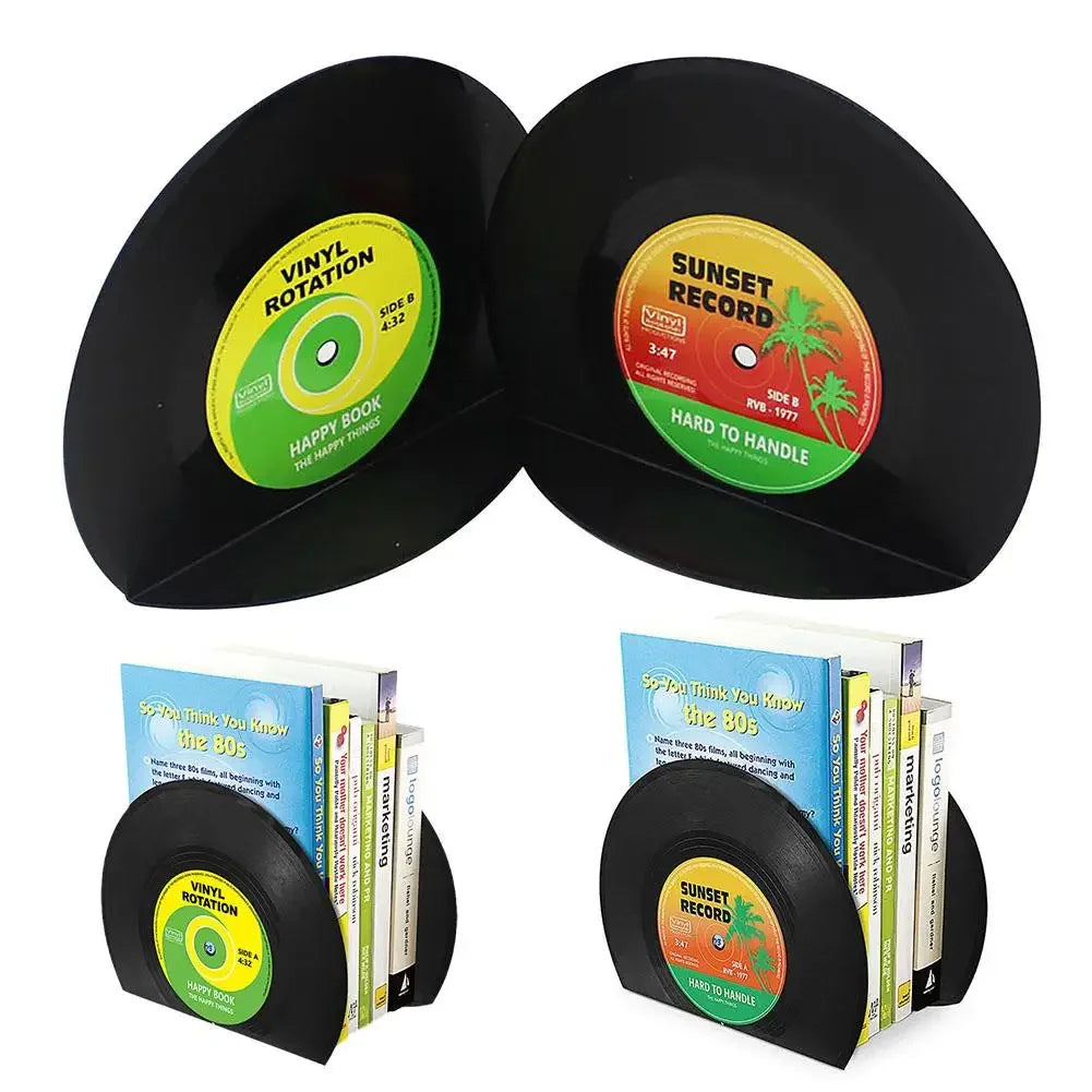 Vinyl record-shaped bookends with colorful labels on a white background