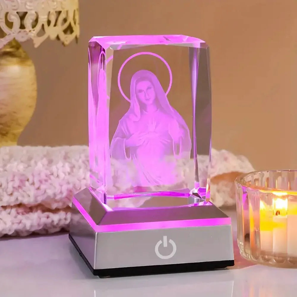 Crystal Virgin Mary LED Light Statue | USB Charging Our Lady 3D Glass Figurine