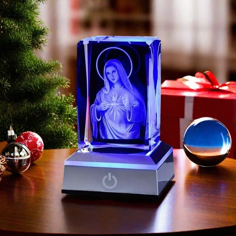 Crystal Virgin Mary LED Light Statue | USB Charging Our Lady 3D Glass Figurine