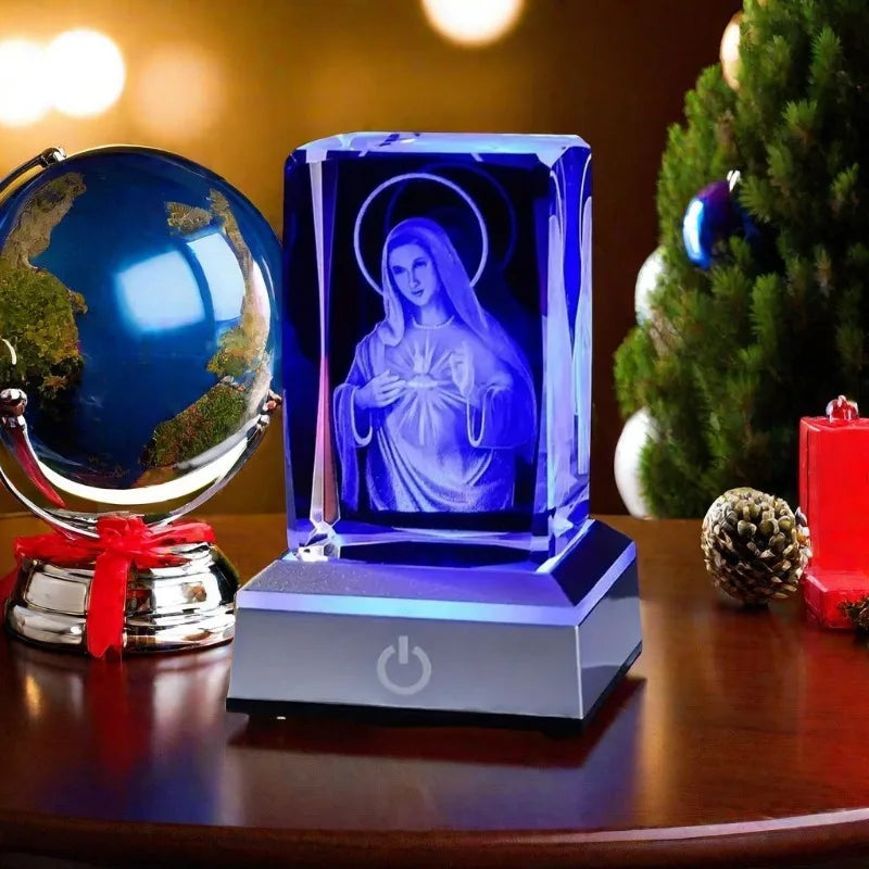 Crystal Virgin Mary LED Light Statue | USB Charging Our Lady 3D Glass Figurine