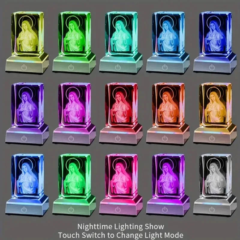 Crystal Virgin Mary LED Light Statue | USB Charging Our Lady 3D Glass Figurine