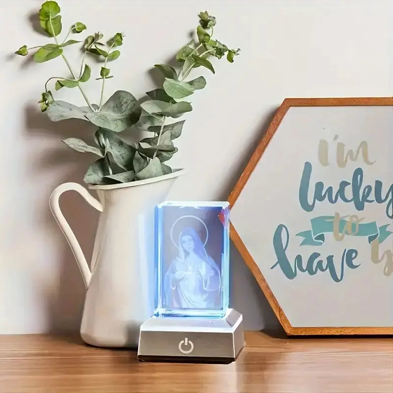 Crystal Virgin Mary LED Light Statue | USB Charging Our Lady 3D Glass Figurine