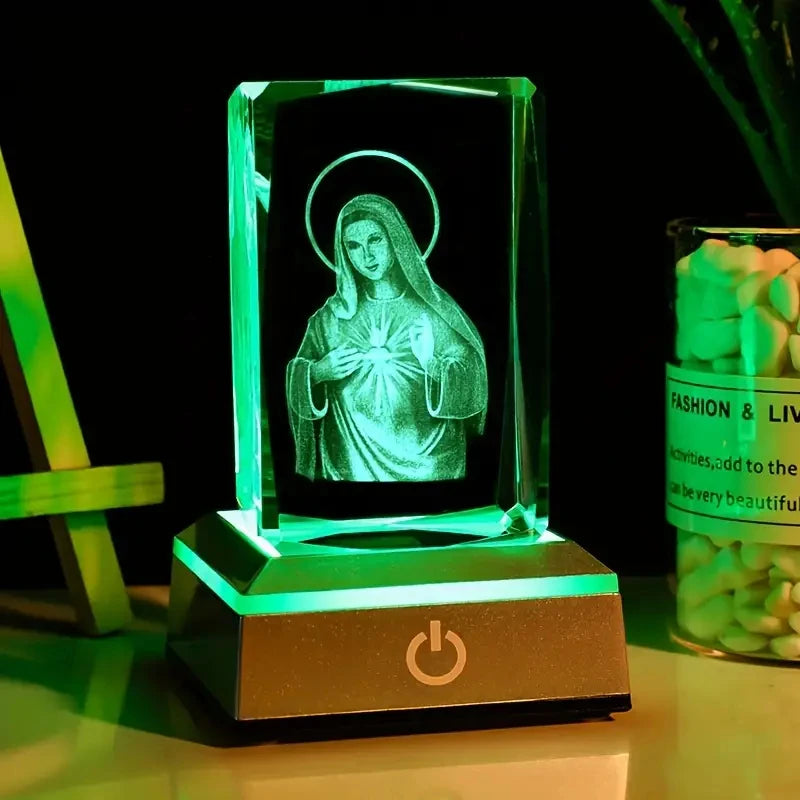 Crystal Virgin Mary LED Light Statue | USB Charging Our Lady 3D Glass Figurine