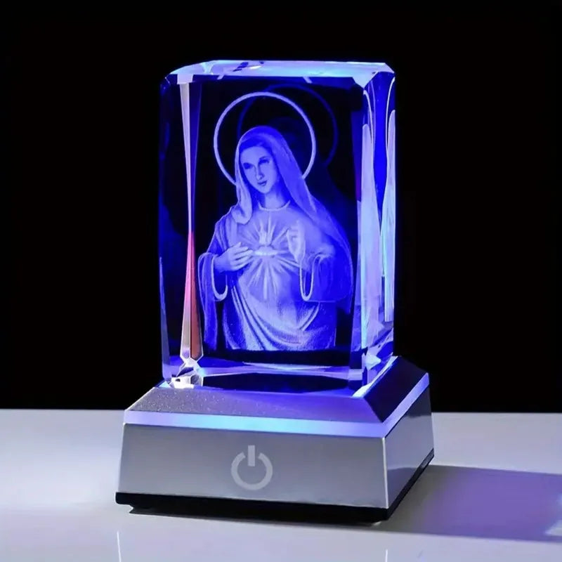 Crystal Virgin Mary LED Light Statue | USB Charging Our Lady 3D Glass Figurine