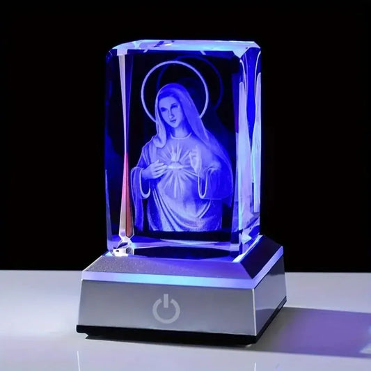 Crystal Virgin Mary LED Light Statue | USB Charging Our Lady 3D Glass Figurine