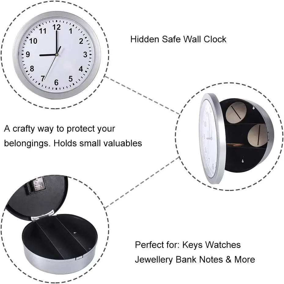 Hidden safe wall clock with text explaining its use for protecting small valuables.