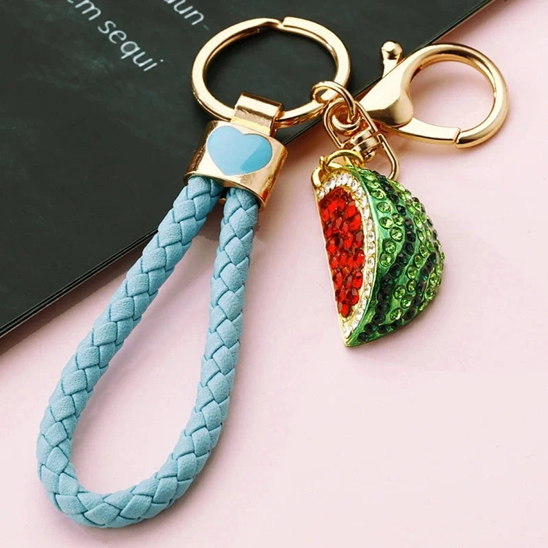 Rhinestone watermelon and pineapple and fruit keychain charm with gold-tone lobster clasp