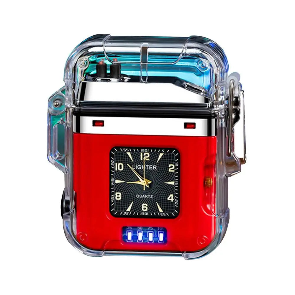 Red lighter with clock face and clear plastic casing on a white background