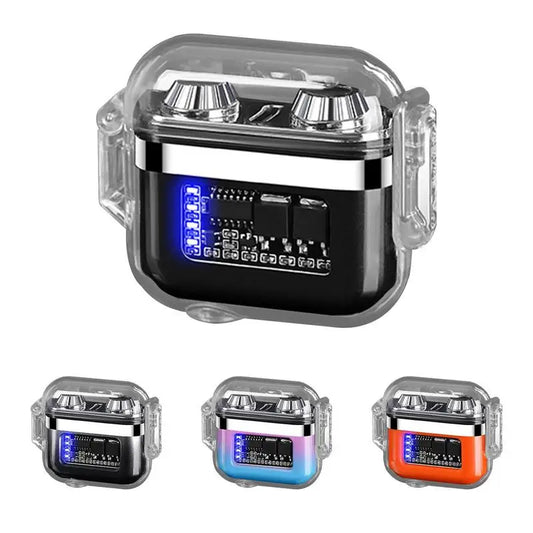 Electronic lighters with digital display and clear casing on a white background