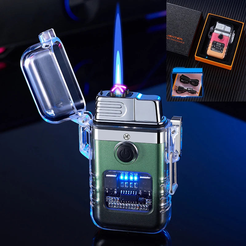 Green and silver BlowPro model green torch lighter with digital display on a dark background