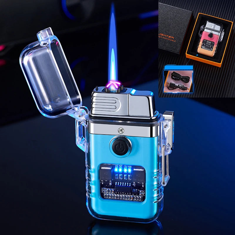 Blue and clear lighter with digital display on a dark background