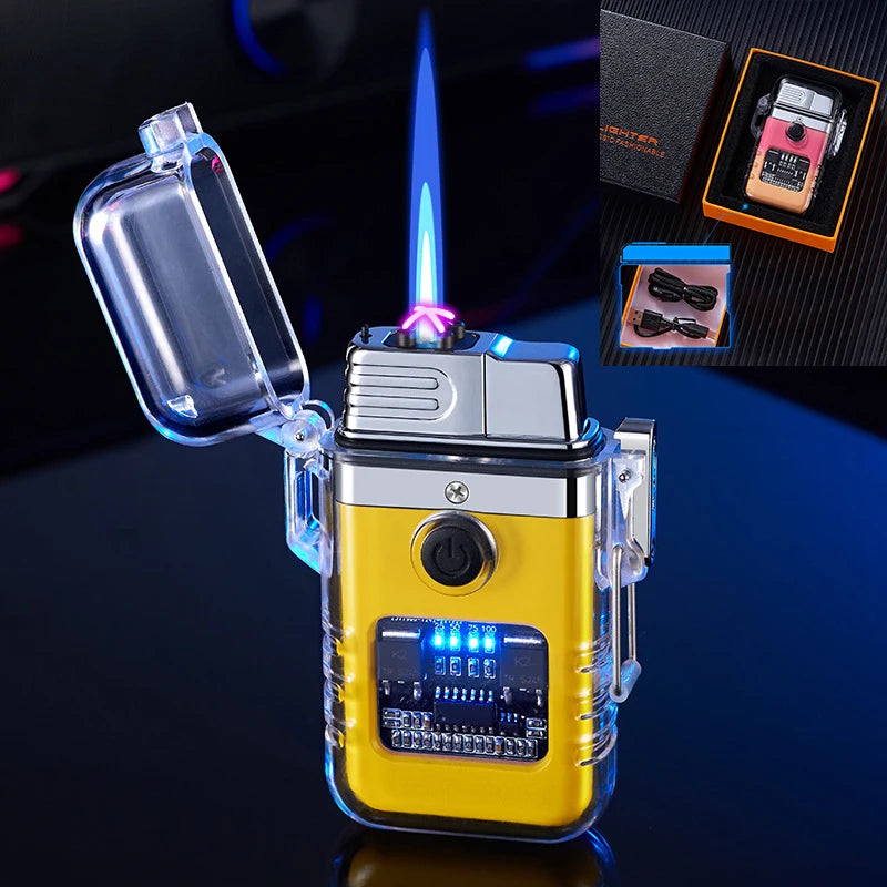 Yellow and clear lighter with digital display on a dark background