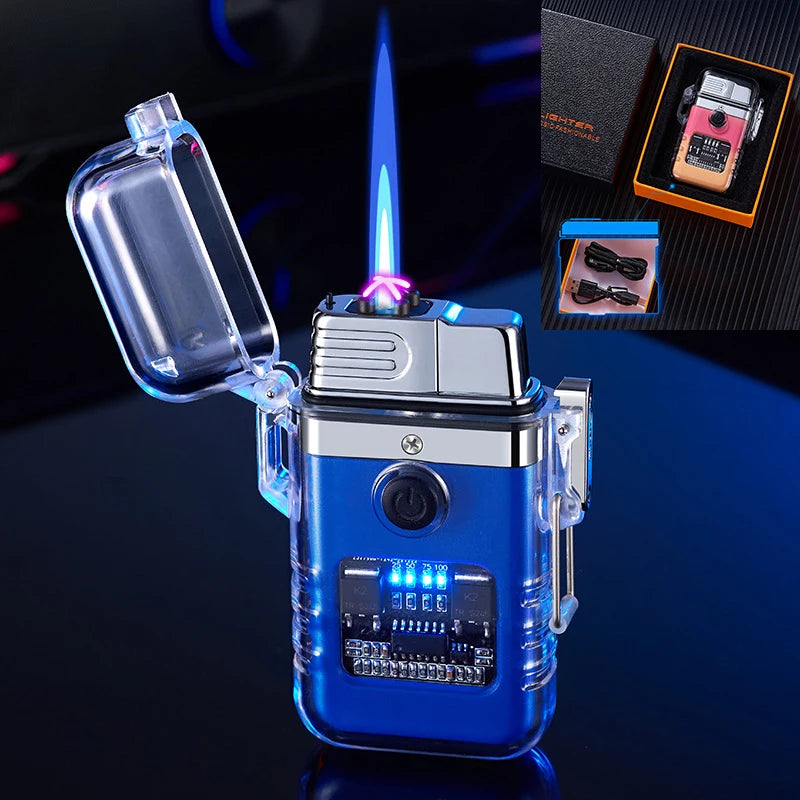 Blue electronic lighter with digital display on a dark background