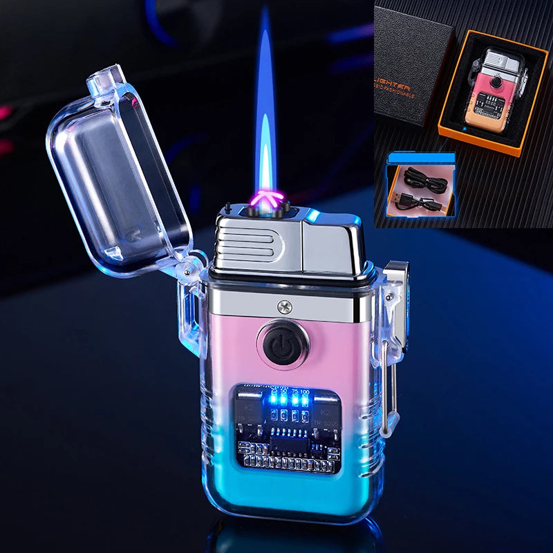 Pink and blue BlowPro torch lighter with digital display on a dark background