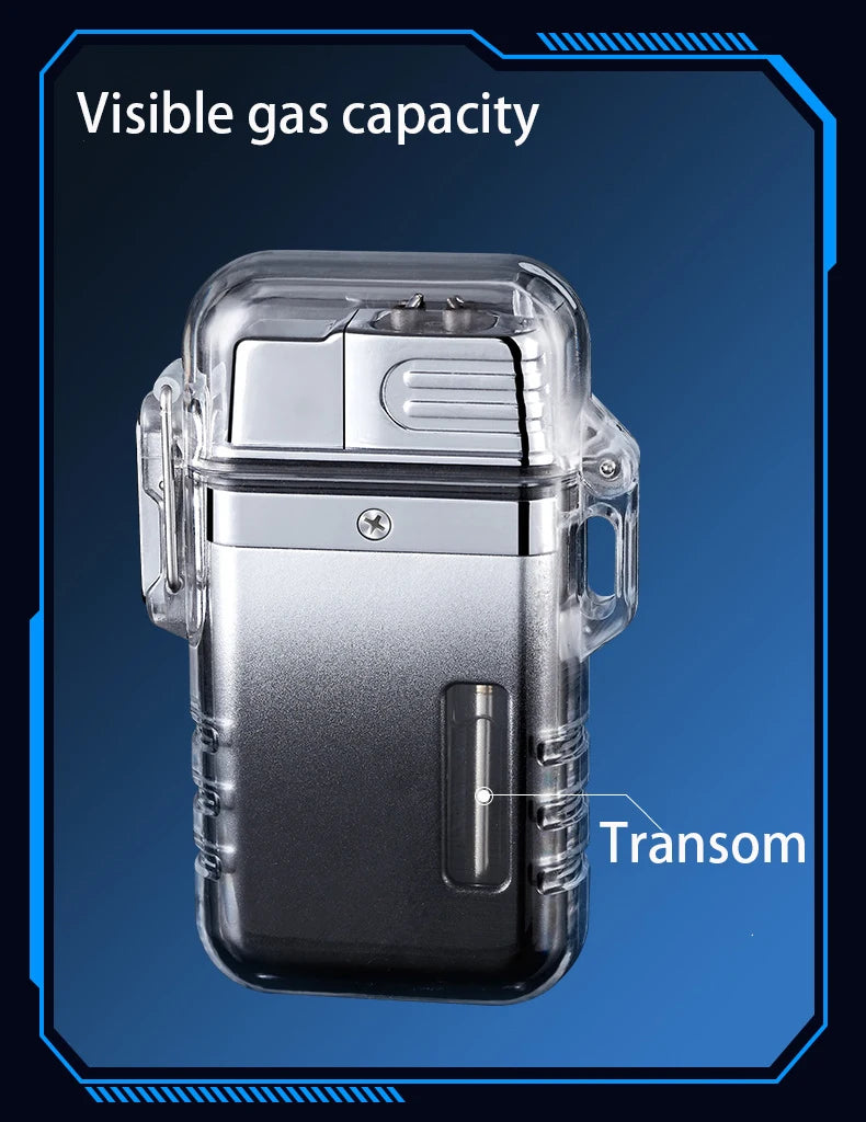 Torch lighter with visible gas capacity on a blue background