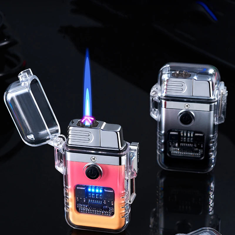 Innovative lighter with digital display and flame on a reflective surface