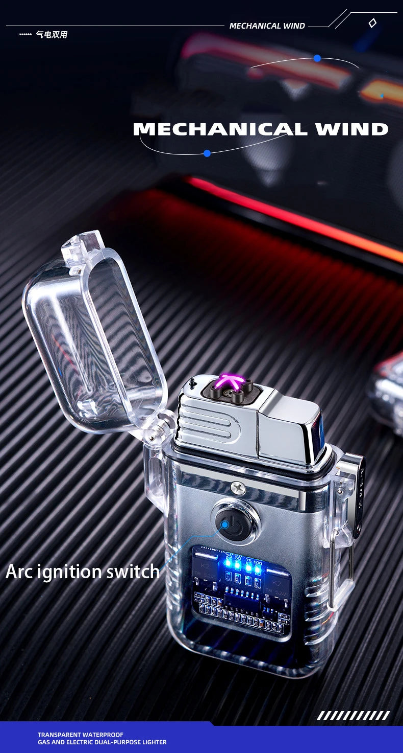 Mechanical wind lighter with arc ignition switch on a dark background