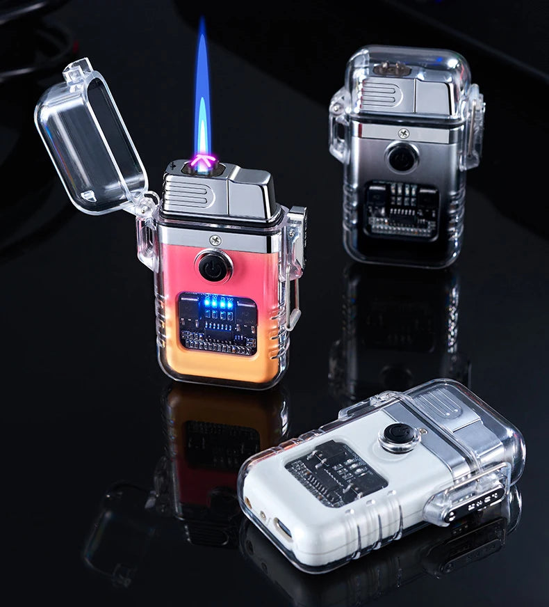 Three electronic lighters with digital displays on a reflective black surface