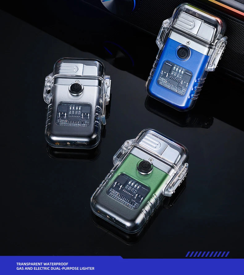 Three dual-purpose lighters in transparent casings on a reflective surface with a blue banner at the bottom.