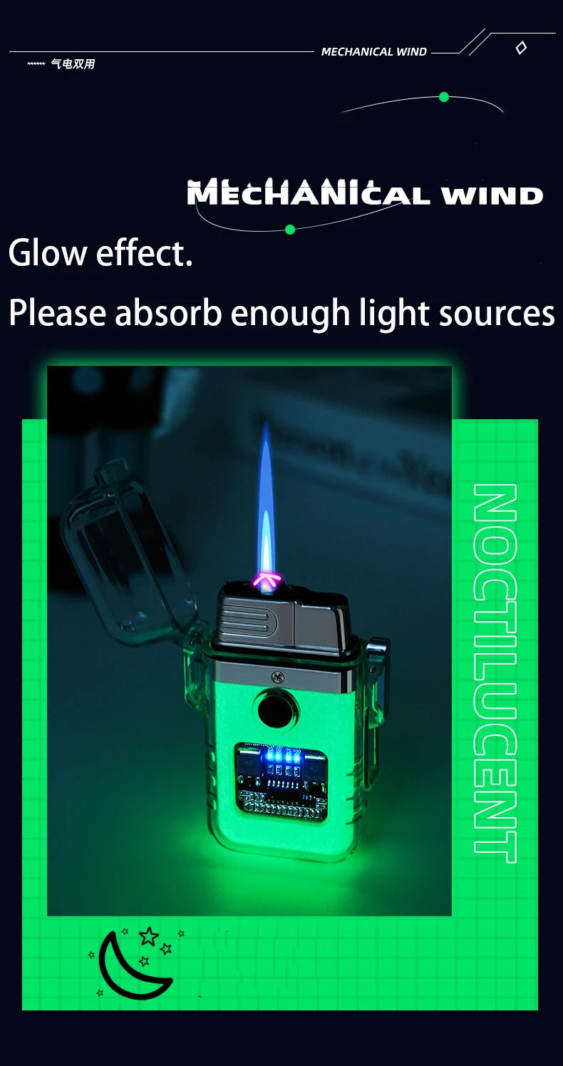 Glowing green mechanical windproof torch lighter with text on a dark background