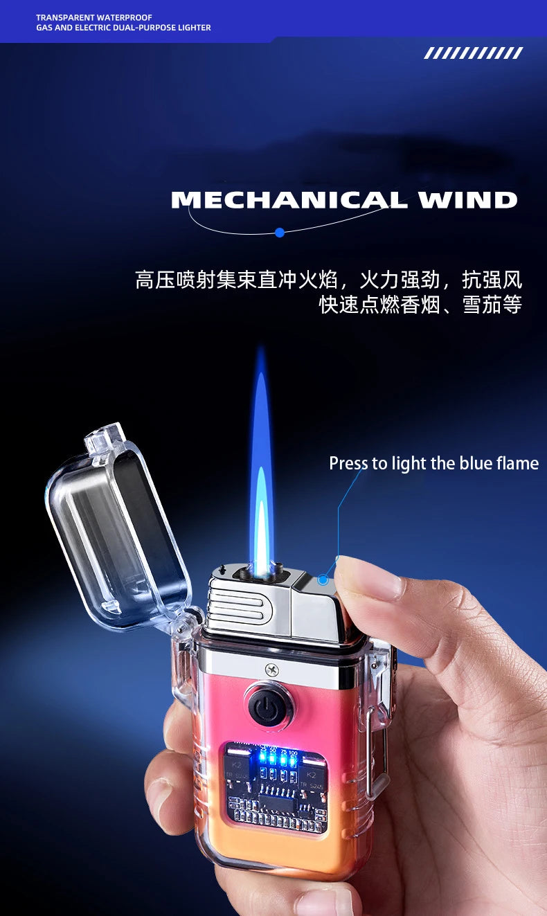 Mechanical wind lighter held in a hand with blue flame on a dark background