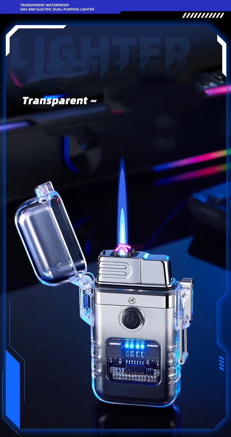 Transparent lighter with blue flame on a dark background