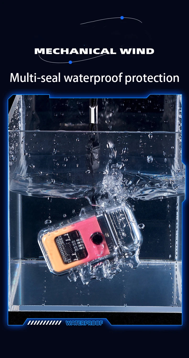 Multi-seal torch lighter with waterproof protection feature shown under water, labeled 'Mechanical Wind'.