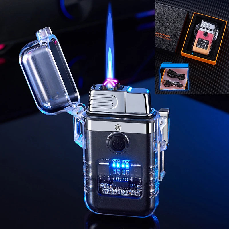 Electronically ignited torch camping lighter with blue flame on a dark background