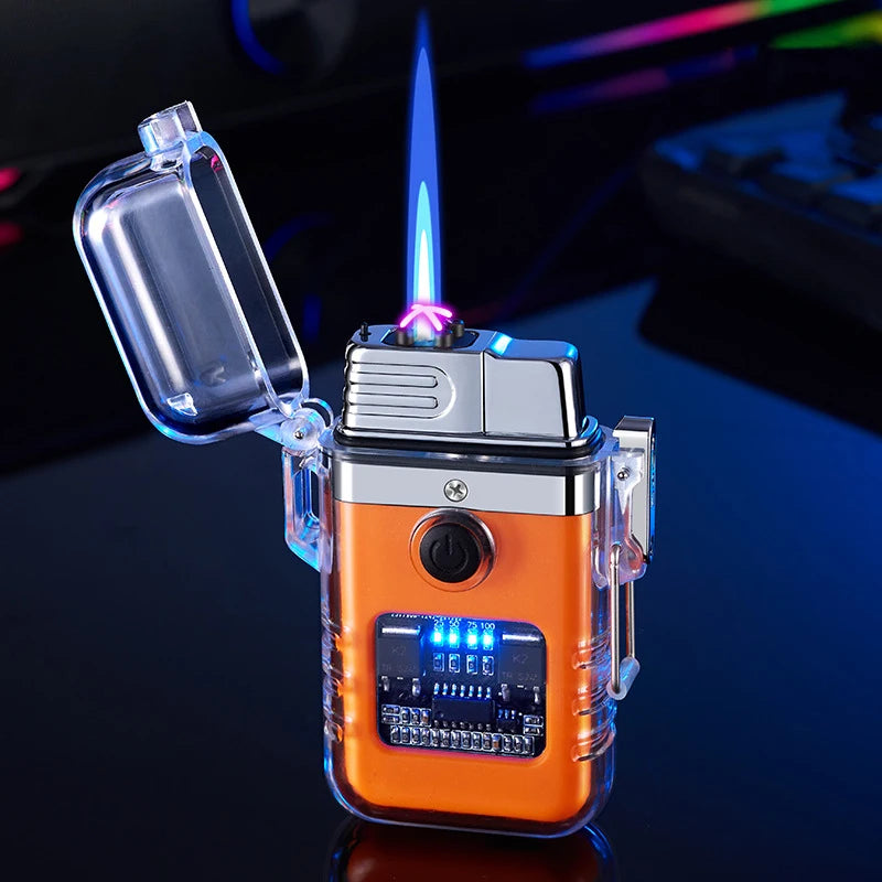 Orange and clear torch lighter with digital display on a dark background