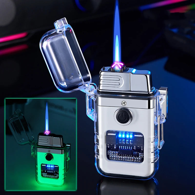 Electronically powered torch lighter with digital display and colorful flames on a dark background